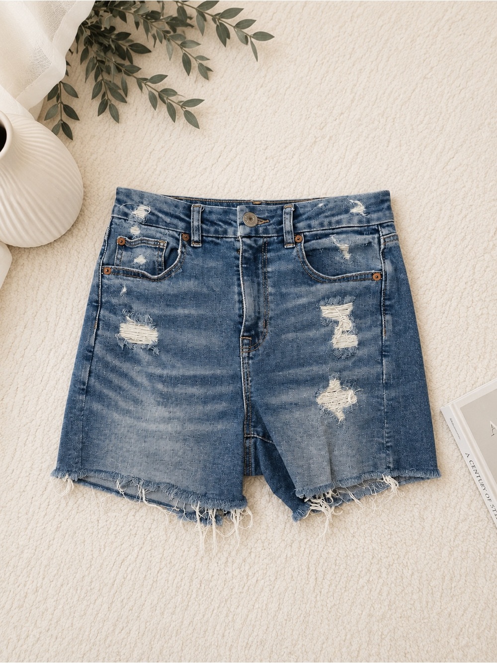 American Eagle Outfitters Distressed Mid-Rise Blue Denim Shorts